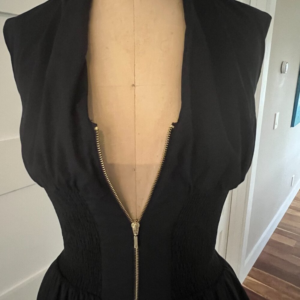 Anthropologie XXS Black Cotton Midi Dress with Gold Front Zipper and Pockets - Picture 9 of 11